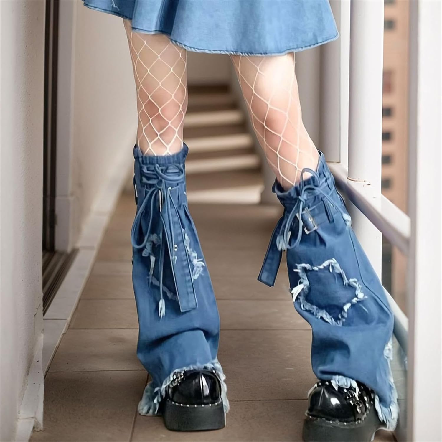 Y2k Goth Hippie Leg Warmers Women Cyber Punk Denim Star Flared Harajuku Fashion Cute Grunge Rave