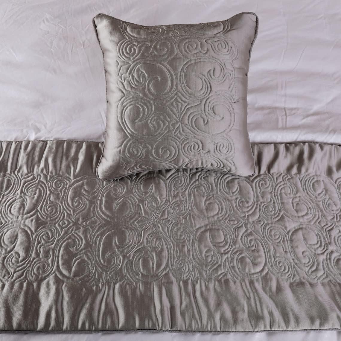 The HomeCentric Designer Silver Queen 74 x 18 inch Bed Runner with Pillow Cover Set, Satin Quilted Bed Scarf, Abstract Modern - Silver Soft
