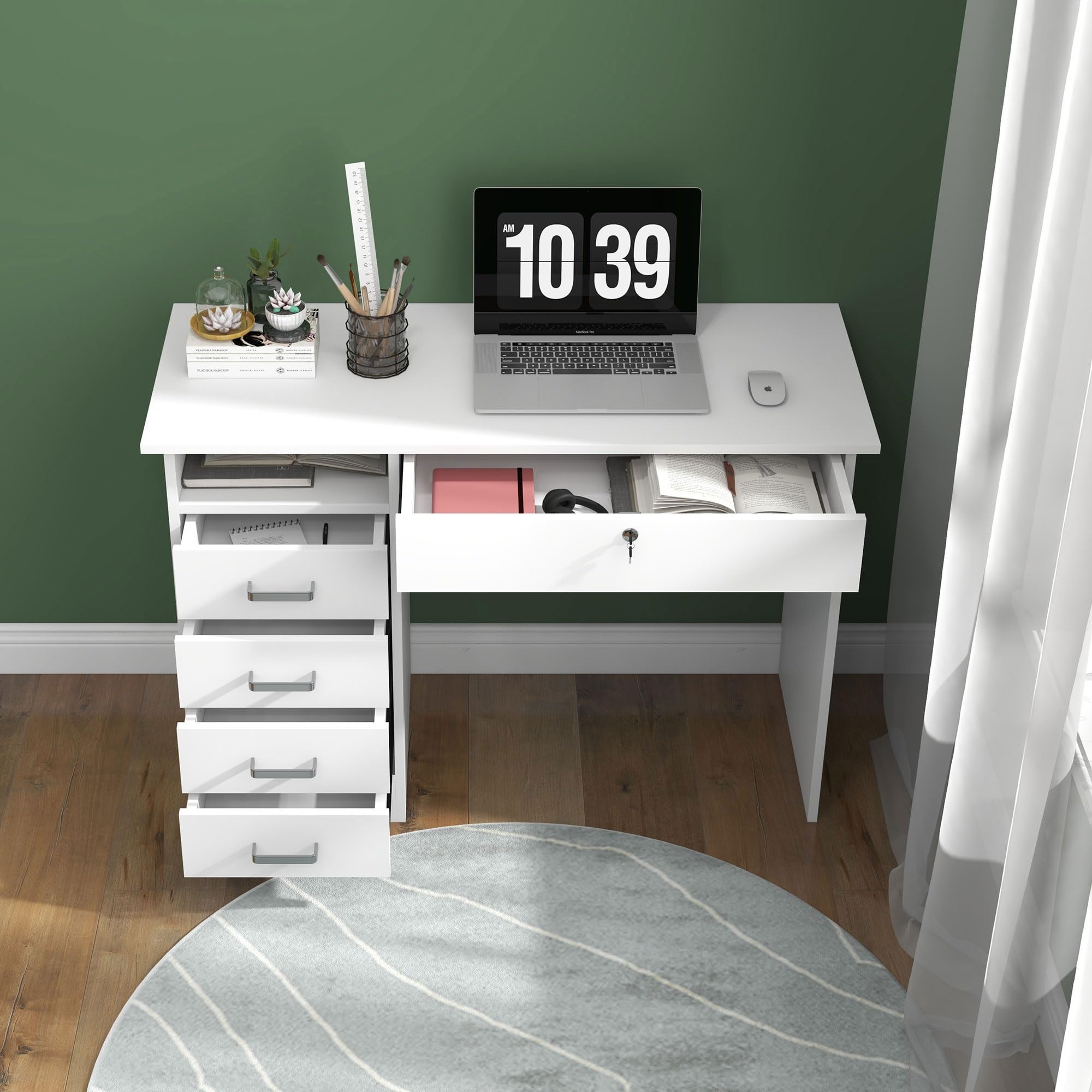 HOMCOM Scrivania Moderna con 5 Cassetti per Ufficio 110x50x76cm Bianco | Scomparto Aperto, Scrivania per Studio, Serratura con 2 Chiavi