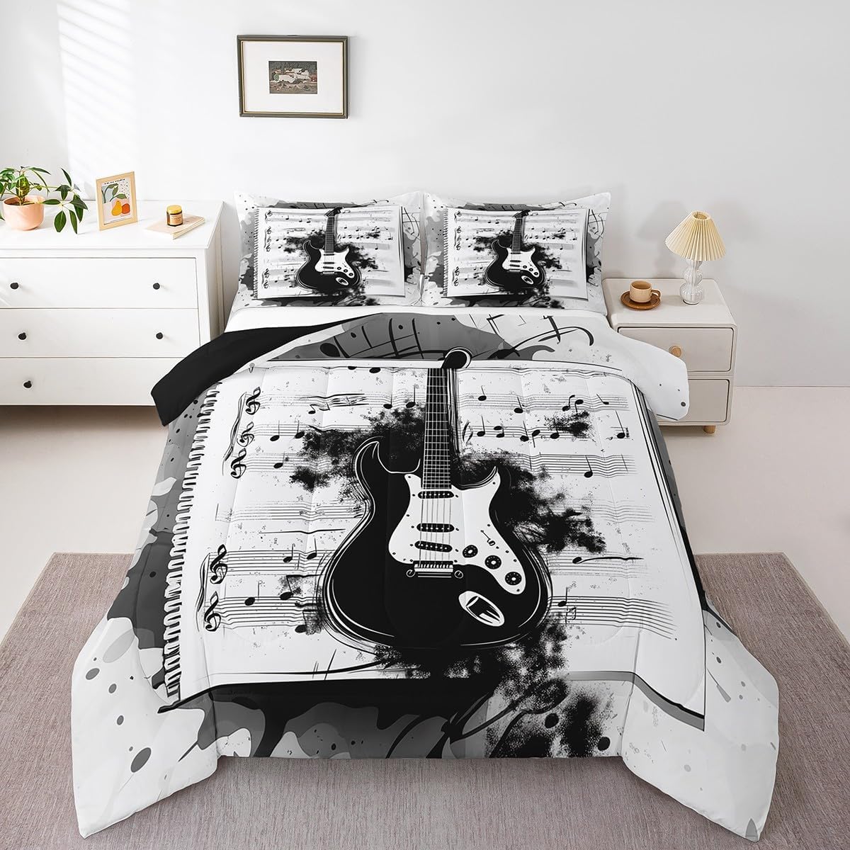 Feelyou Music Bedding Set Queen Size Guitar Comforter Set for Kids Boys Girls Rock Music Comforter Guitar Instruments Duvet Set