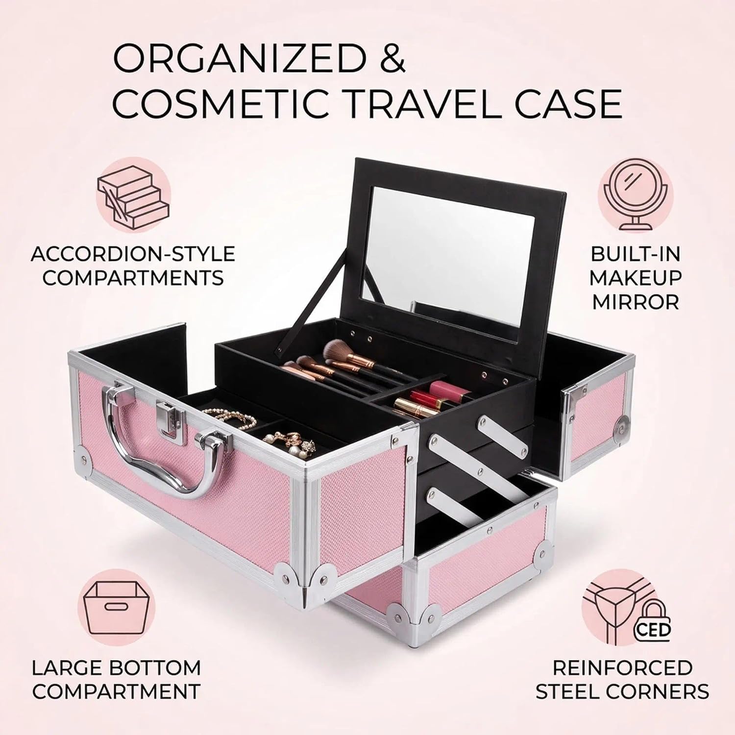 Aluminum Makeup Train Case with Mirror, Portable Pink Cosmetic Organizer