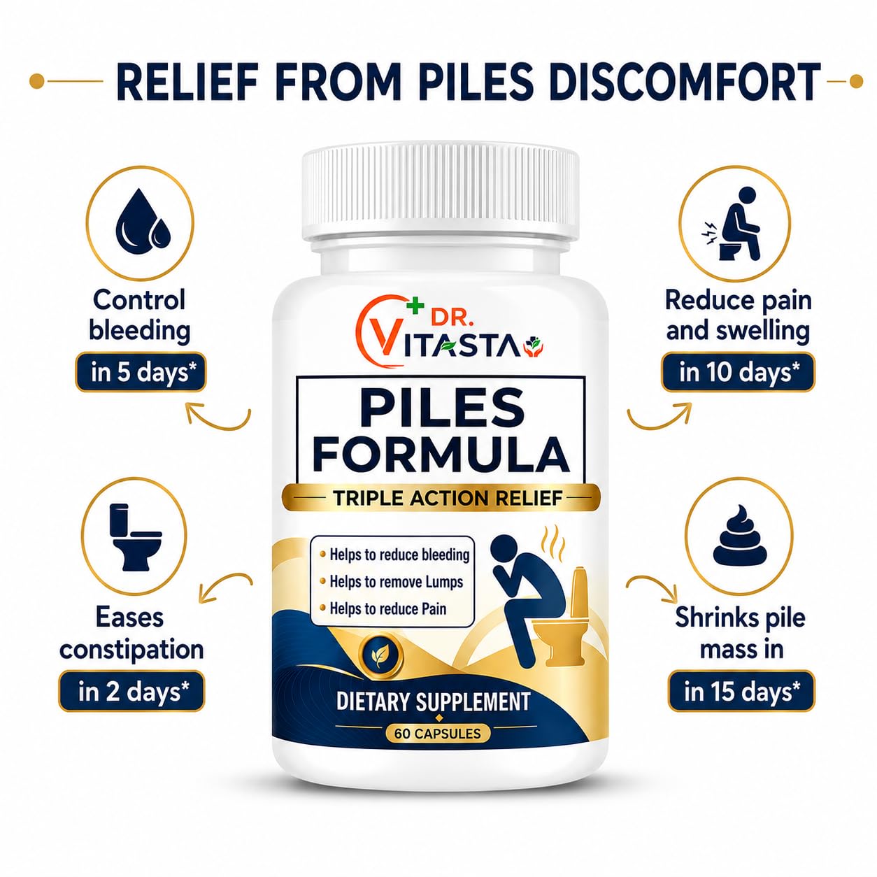 Dr Vitasta Piles Formula Capsules | Reduces Bleeding, Lumps & Pain | Amaltas, Triphala, Nagkesar, Ritha | 50 Capsules — Amazon image 3