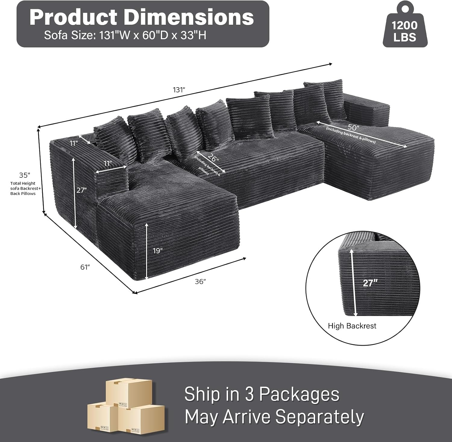 131" Oversized U Shaped Cloud Sectional Couches for Living Room, Comfy Fluffy Corduroy Dark Grey Boneless Sectionals Couch, Plush Memory Foam Modular Sectional Sofa with Chaise- 19" Seat Height thumbnail