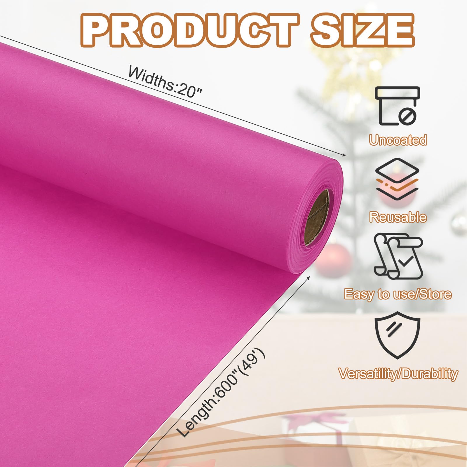 PATIKIL Wrapping Paper, 20" x 600"(49') 70 GSM Craft Paper Roll Kraft Packing Paper for Poster Bulletin Board Gift Wrapping, Rose Pink - Image 2