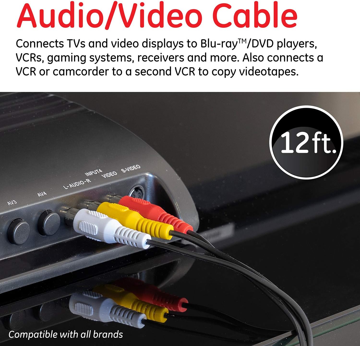 GE Composite Audio/ Video Cable, 12 ft. RCA Style Plugs 3-Male to 3-Male, Low Loss, for TV, VCR, DVD, Satellite, and Home Theater Receivers, 33611