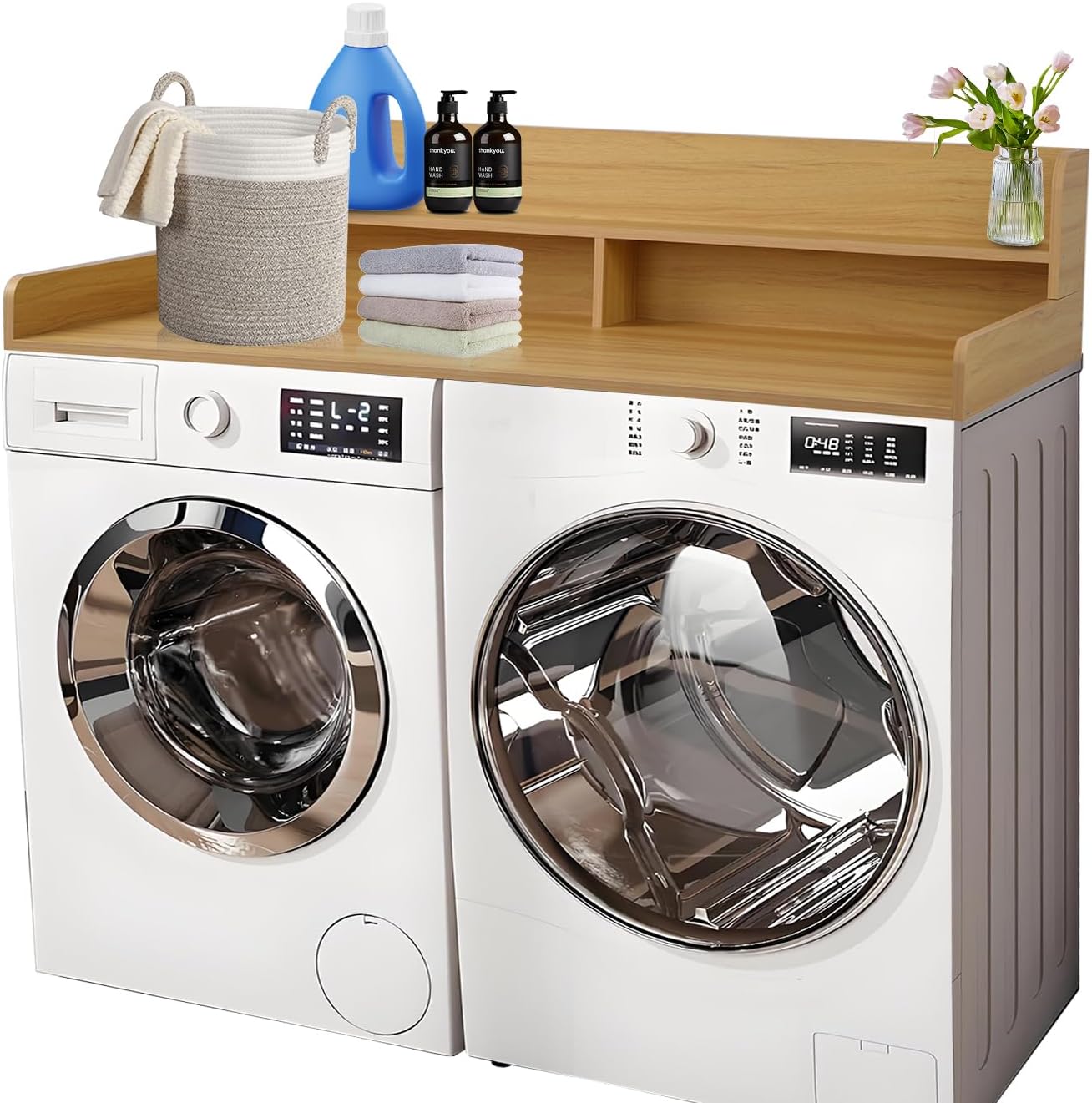 Washer and Dryer Countertop, 2 Tier Laundry Room Wood Countertop with 6*Anti-Slip Mats, Laundry Topper for Washer and Dryer for Folding Clothes, 54" W*27.5" D*12" H (Dark Walnut)