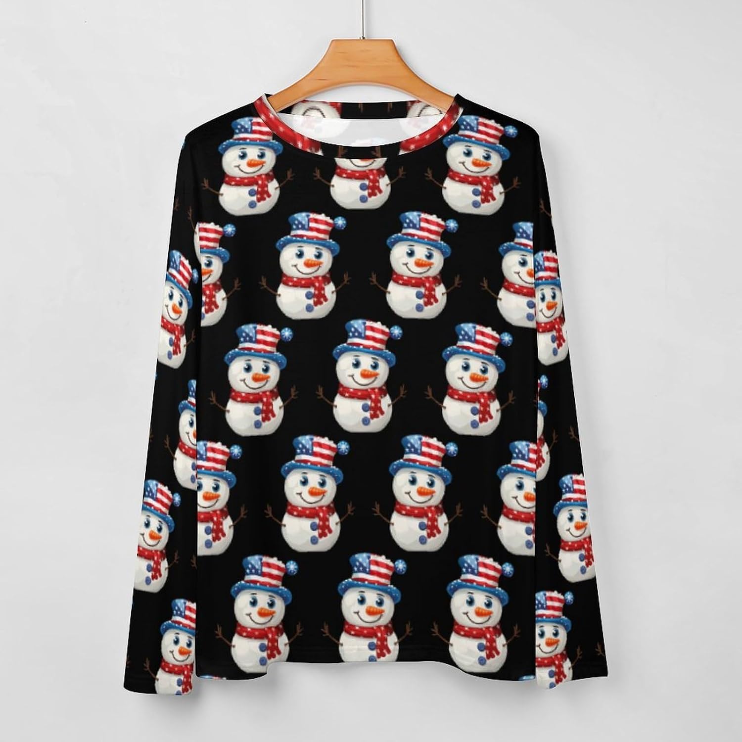 Cute Snowman With U.S. Flag Hat Women's Pajama Top Sleepwear Pajamas Sleep T-Shirt Long Sleeve Shirt Crewneck Tee