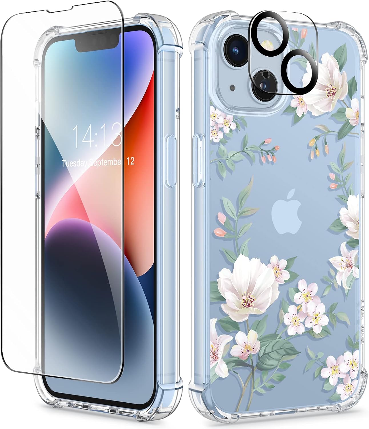 GVIEWIN Case Compatible with iPhone 14 Plus 6.7 Inch,with Screen Protector + Camera Lens Protector, Clear Flower Shockproof Soft Protective Floral Designed Women Phone Cover, 2022 (Magnolia/White)