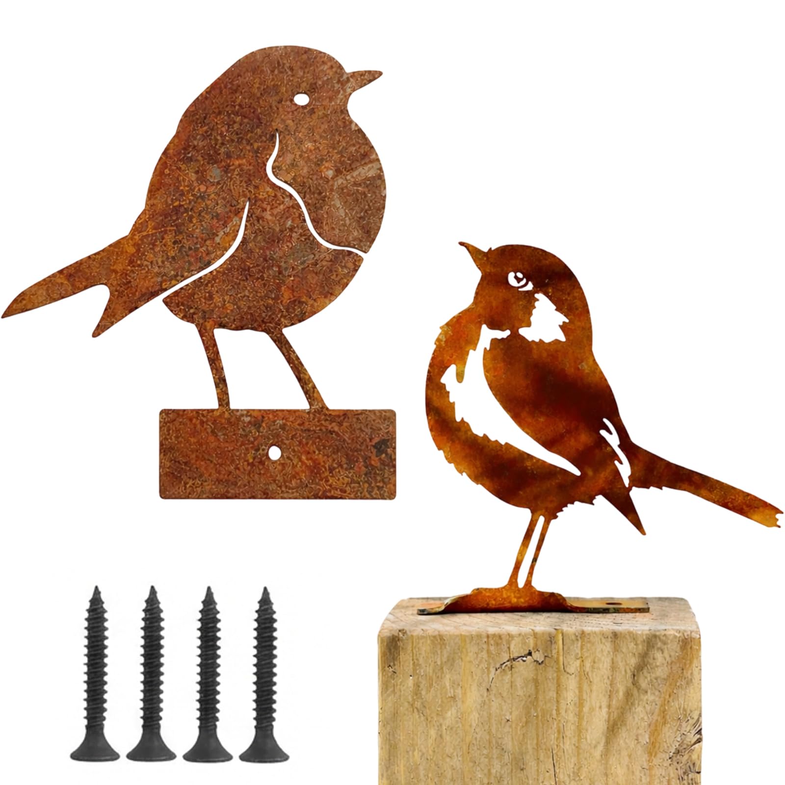 EujRcf 2 Pcs Rusty Metal Sparrow Sculpture Garden Ornament, Robin Ornaments Set with Four Screws, Garden Sculptures and Statues, Fence Decorations Outdoor, Outdoor Decorations for Gardens