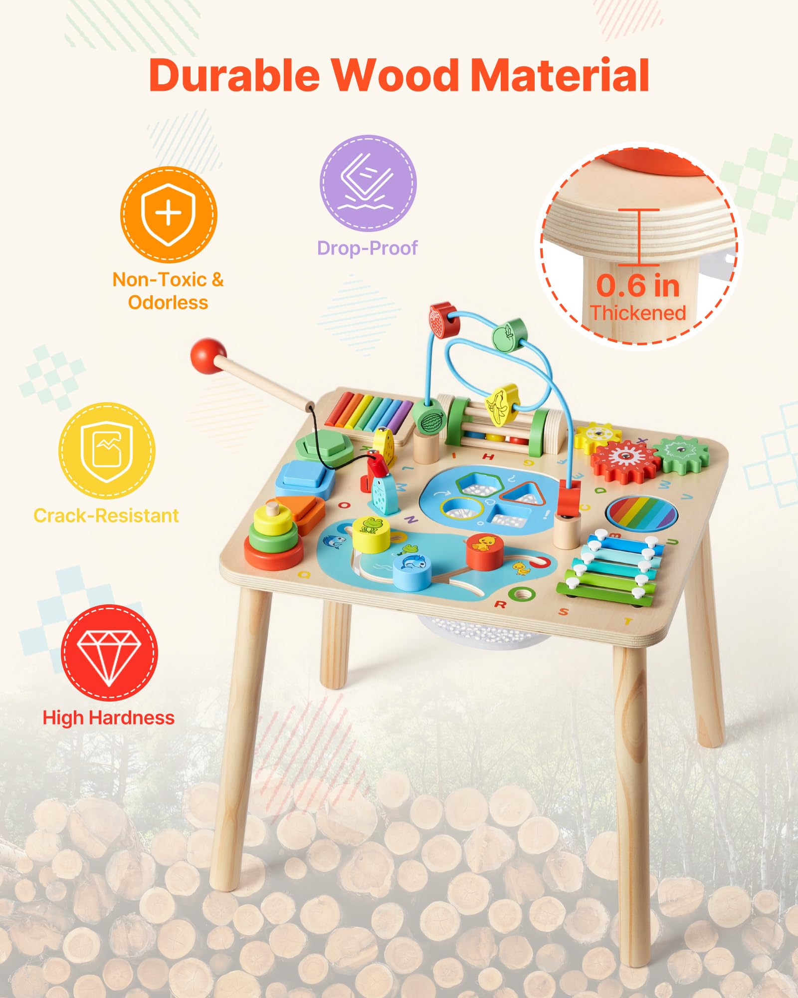 VEVOR Holz Aktivitätstisch, Montessori Spielzeug, 13-in-1-Lerntisch, Spieltisch Aktivitätstisch für Kinder ab 6 Monaten, Geburtstag, Weihnachten oder Kindertag, 6-36 Monate