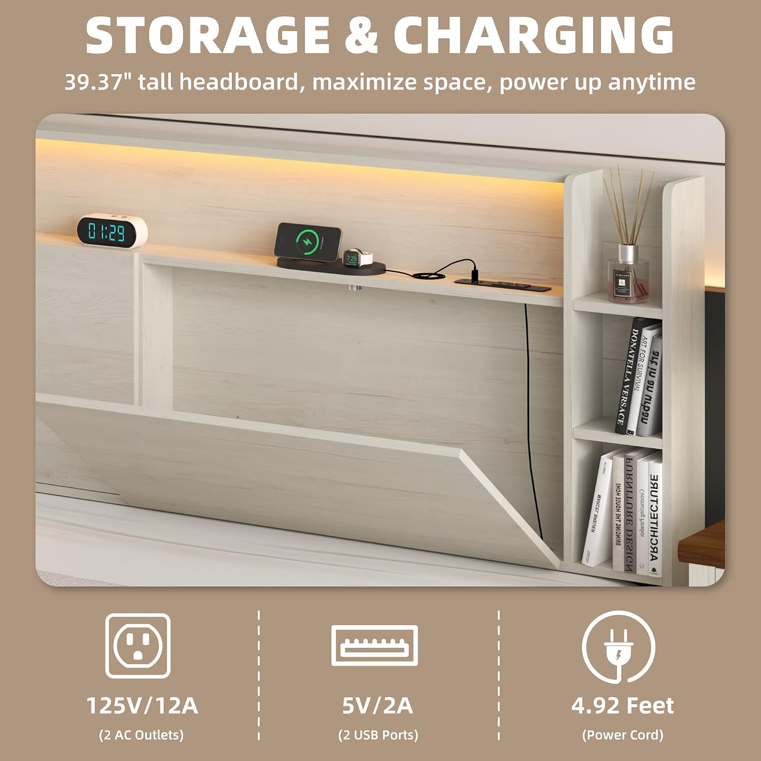 Headboard Only with Storage,Modern Wooden Bed Headboard with 2 USB Ports and LED Light Sturdy and Stable (White, King (U.S. Standard)) | Solid wood leg, chargestation
