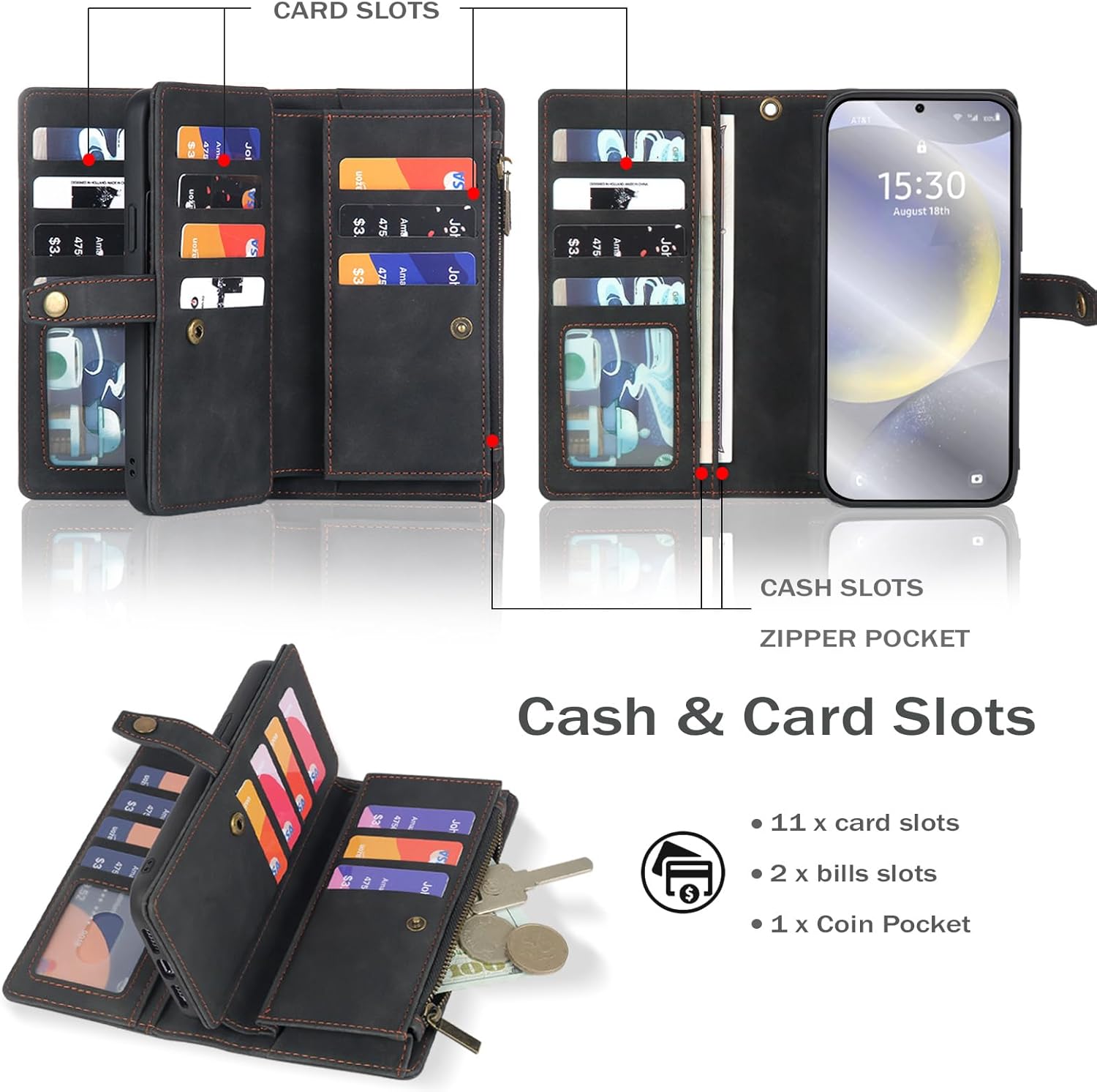 TwoHead for Samsung Galaxy S24 Wallet Case with Card Holder, Detachable Magnetic Phone Case for S24,PU Leather All-Round Protective Phone Case Wallet with Wrist Strap,Black
