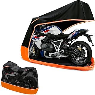 Full Enclosed Motorcycle Cover - Waterproof for Outdoor & Indoor Storage, 600D Heavy Duty with Reflective Strips, Fits Scooters&Touring Motorcycles up to Length 96.5" x 45" x 53"Black&Orange