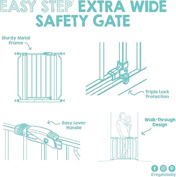Regalo Safety 29-49 Easy Step Extra Wide Baby Gate, White | Pressure Mounted, For Doorways & Bottom of Stairs, With Door, For Babies, Toddlers & Pets