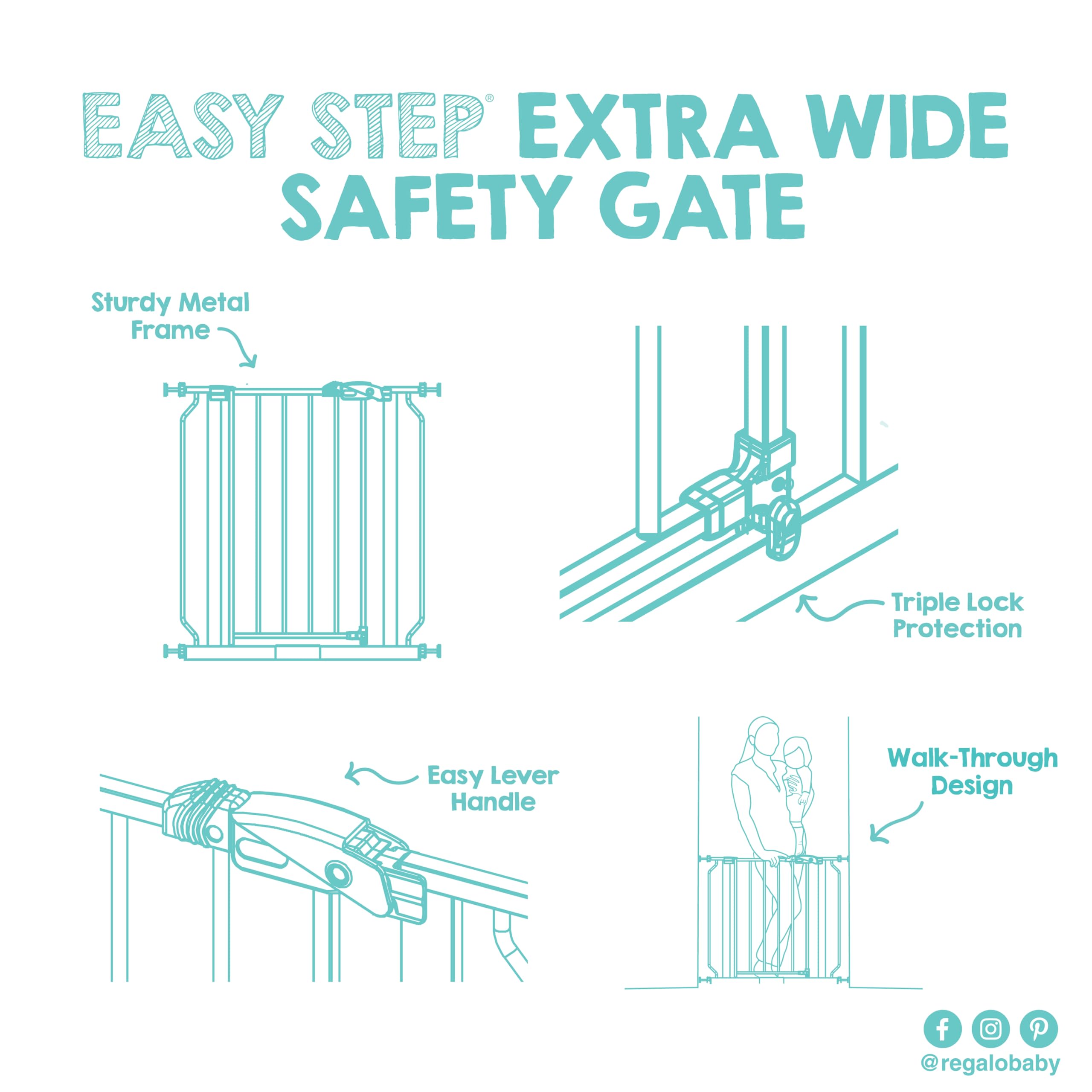 Regalo Safety Extra Wide Baby Gate for Doorways & Bottom of Stairs, Fits Openings 73.6-122cm (Extensions Included) Pressure Mounted for Babies, Toddlers & Pets, White
