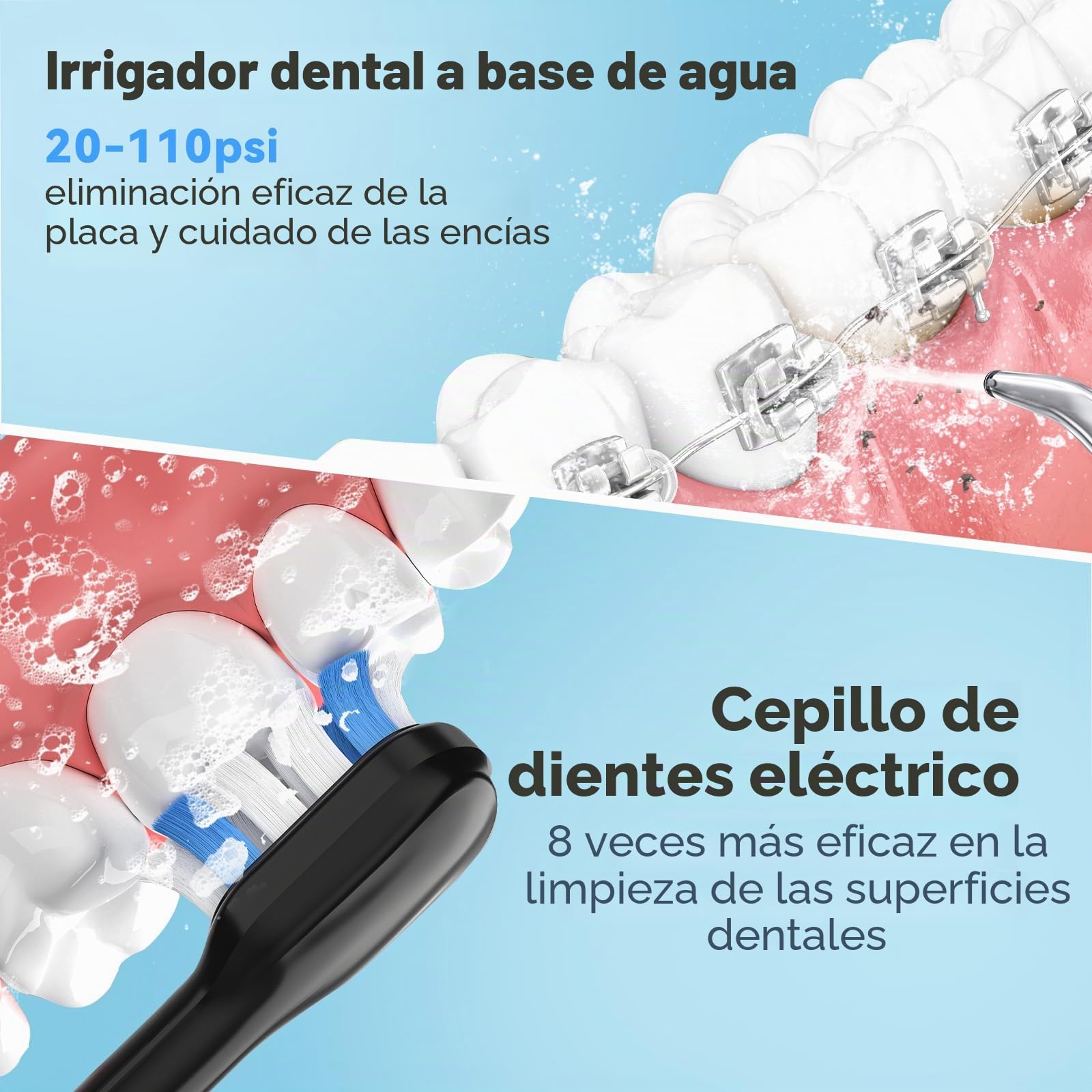 H2ofloss Combo de hilo dental y cepillo de dientes eléctrico – Cuidado bucal 2 en 1 para cepillado y hilo dental | Tanque de agua de 300 ml, 20-110 PSI, 5 modos, sin BPA | Batería de larga duración |