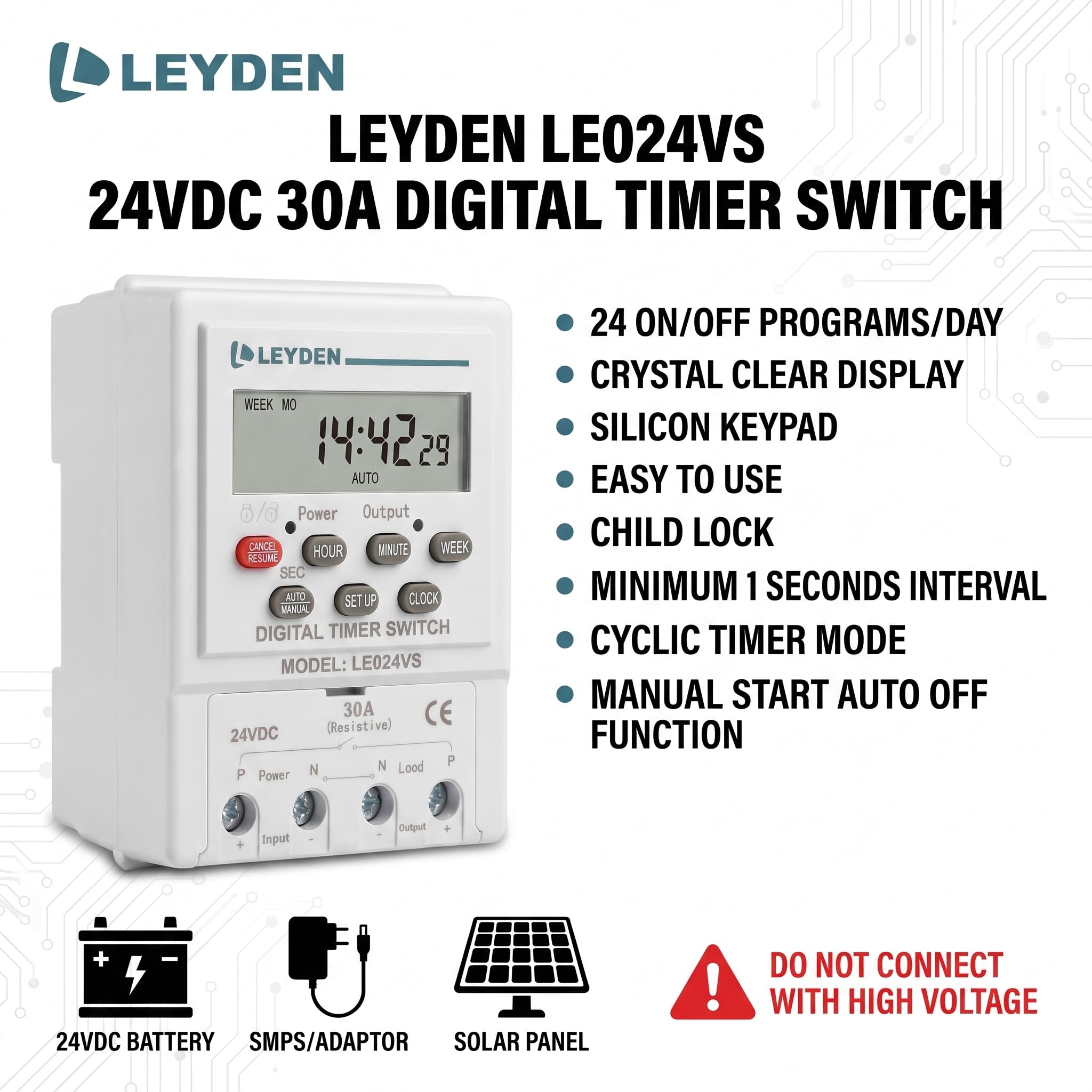 LEYDEN® LE024VS, 24VDC, Digital Timer Switch 24 on Off Programs & Cyclic Timer for DC Light, Motor, Bell, Siren, Fan, Fogger, Hydroponic, Drip Irrigation & Other Application 1