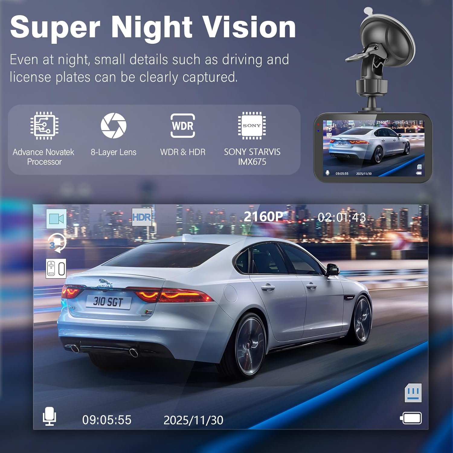 Dual 4K Dash Cam Front and Rear - Free 64G SD Card, 2160P+2160P UHD Dash Camera for Cars, Dashcam with 176°+160° Wide Angle, 3.5'' IPS Screen Dashcam, G-Sensor, WDR, Night Vision, 24H Parking Monitor - Image 3