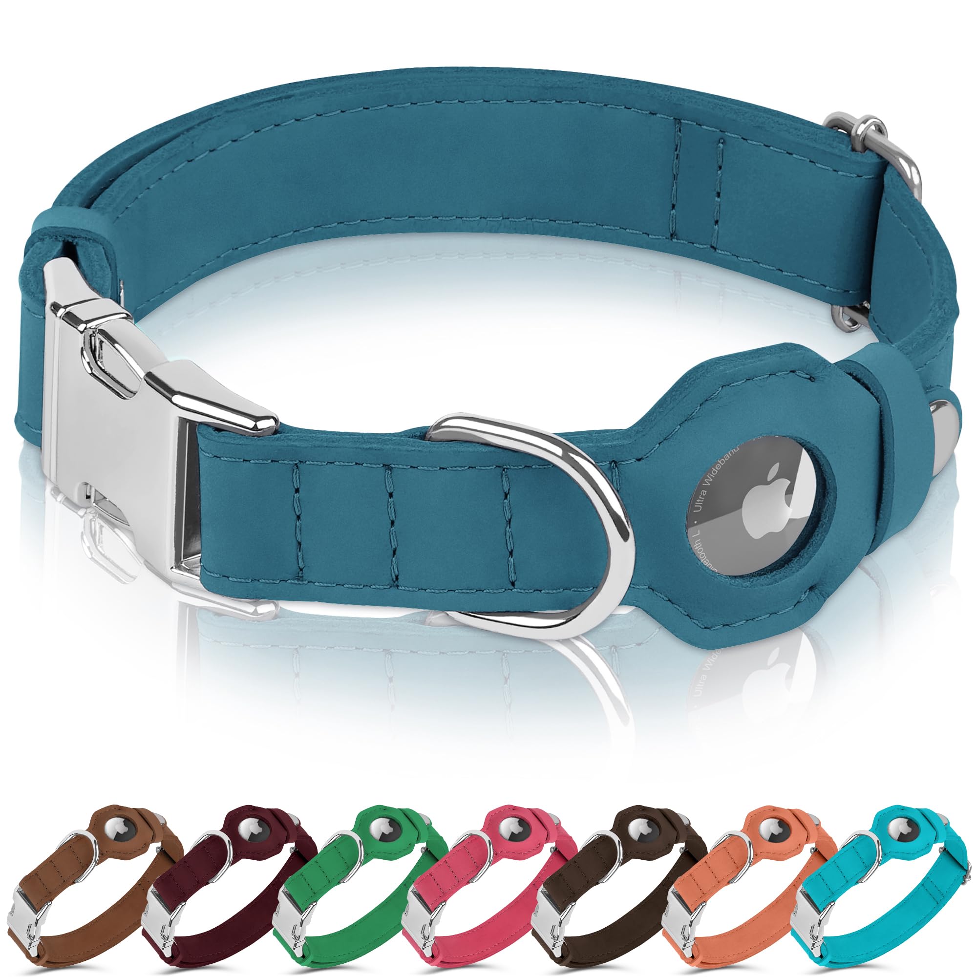 BUDKAS Leather Dog Collar with Airtag Holder - Soft Adjustable Airtag Dog Collar with Metal Buckle - GPS Tracking Pet Collar for Small Large Dogs Puppies Cats (Dark Blue, L, 17"-21" Neck Fit)