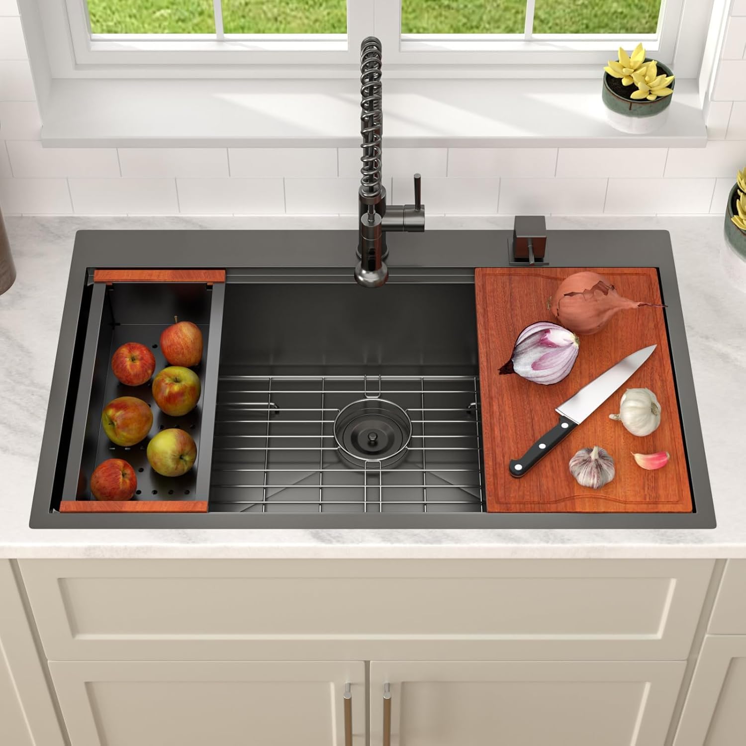 Dcolora 36 Inch Black Kitchen Sink Workstation Drop In Single Bowl Large Sink 16 Gauge Stainless Steel Nano PVD Coating Topmount With Round Corners, #DC-T8864