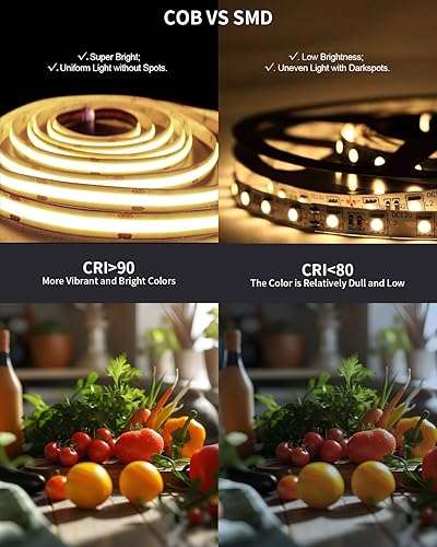 Miniatura 5 de COB - Tira de luz LED de 80 pies78.7 ft (2 rollos de 40 pies), blanco cálido, regulable, 3000 K, CRI de alto lumen 90+ con adaptador de corriente de