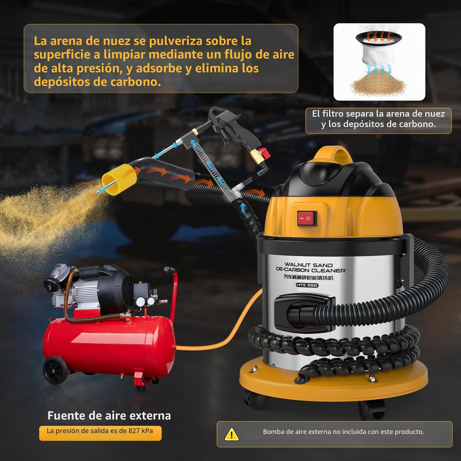 Máquina de chorro de arena de nuez HTS558, Eliminación de carbono en motor para reducir consumo de combustible, limpieza de válvulas de admisión - Incluye 5 adaptadores y 2 kg de arena de nuez