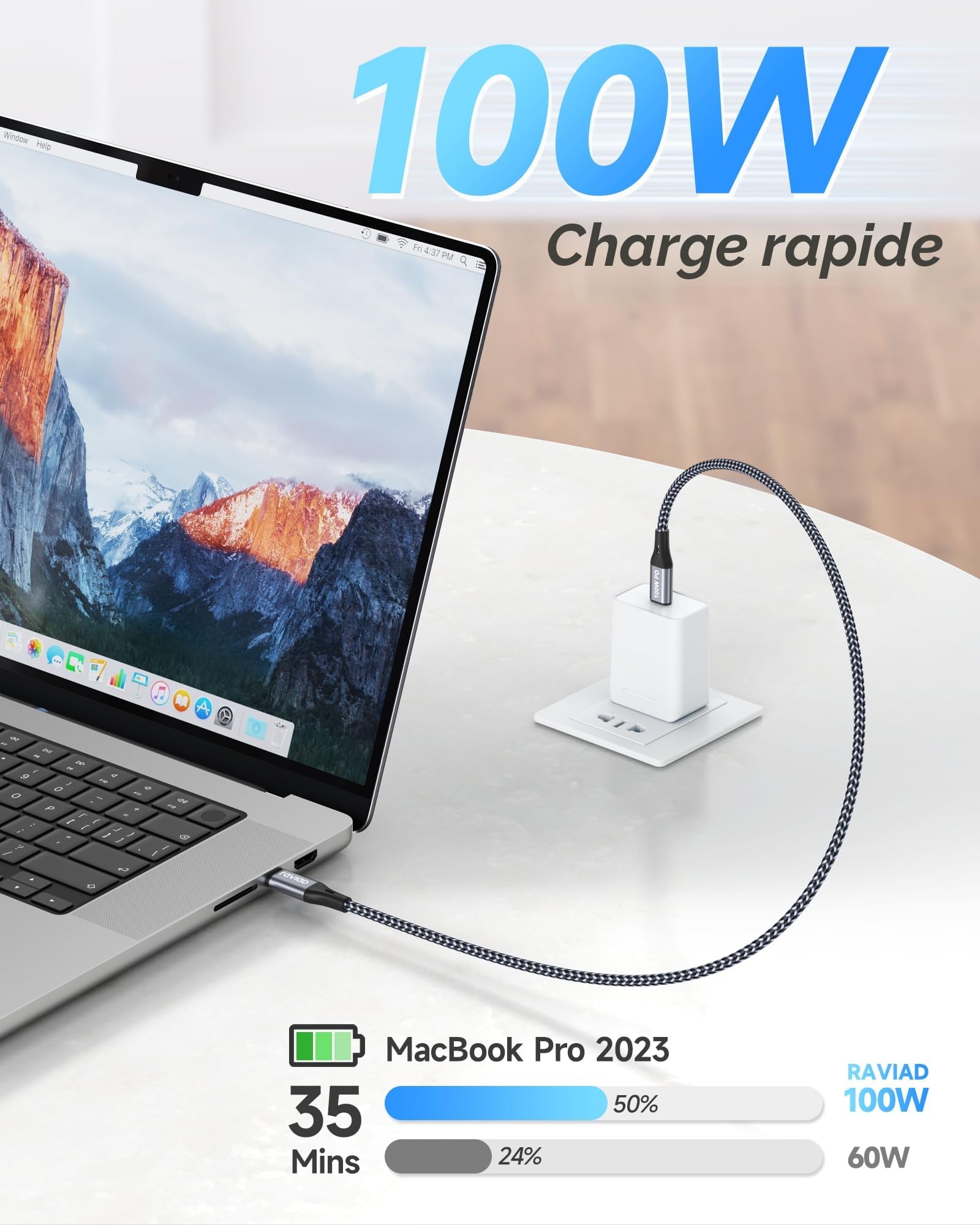 RAVIAD 100W Câble USB C vers USB C Lot de 2 50CM Charge Rapide PD 5A/20V avec Puce E-Mark pour iPhone 16/15 Samsung Galaxy S25/S24/S23 MacBook