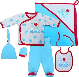 طقم للأولاد مكون من 6 قطع مكون من تيشرت بأكمام طويلة وسروال ومريلة وجوانتي وقبعة وبطانية مطبوعة للنوم للأطفال الصغار من بيبي شورا (عبوة من 6 قطع)