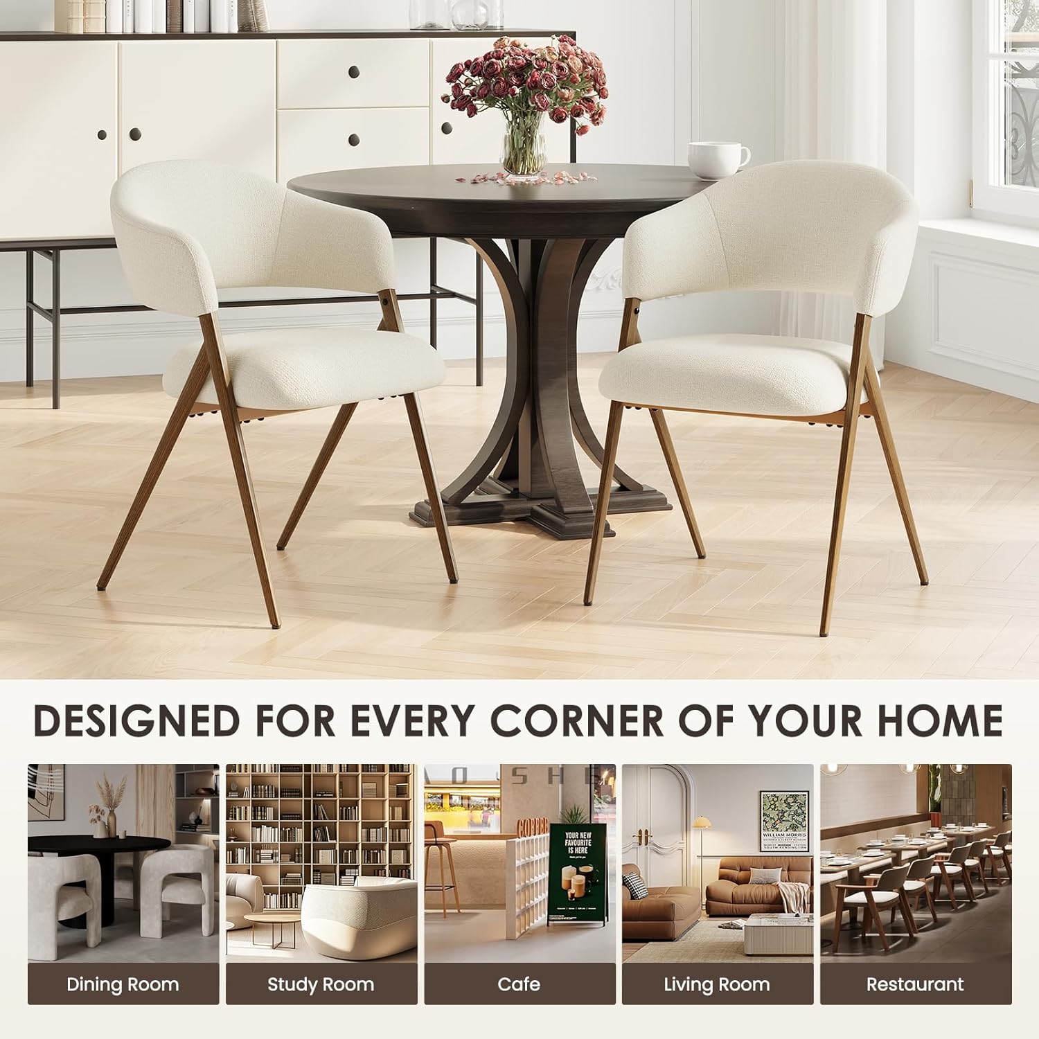 COLAMY Dining Chairs Set of 2, Modern Fabric Upholstered Dining Room Kitchen Side Chairs with Iron Legs, Open Back and Padded Seat, for Living Room/Restaurant/Cafe, Beige