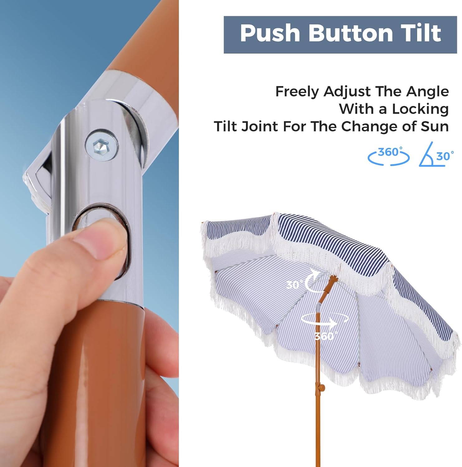 GREEN PARTY 7ft Patio Umbrella with Fringe, Portable Outdoor Beach Umbrella with Sand Anchor, Carry Bag, Push Button Tilt, UPF 50+ Protection, Blue Striped - Image 3