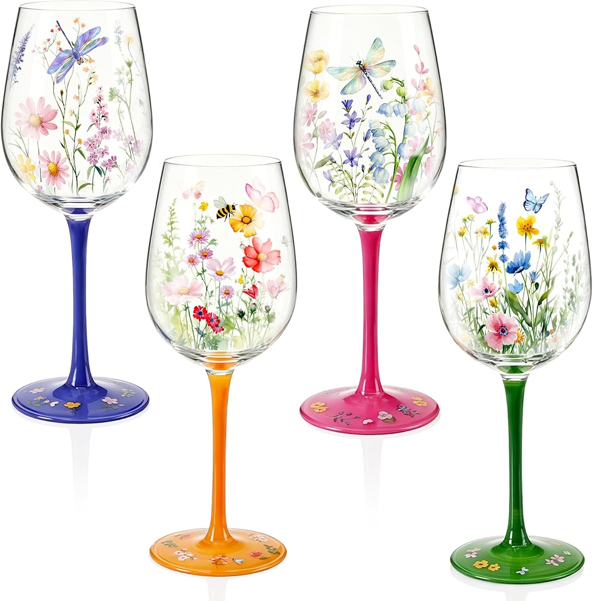 Nuogo 4 PCS Hand Painted Wild Flower Wine Glasses, 15 oz | Stem Goblet Set, Wild Floral Design, Hostess Birthday Wedding Gift, Spring Party Barware, Housewarming Drinkware
