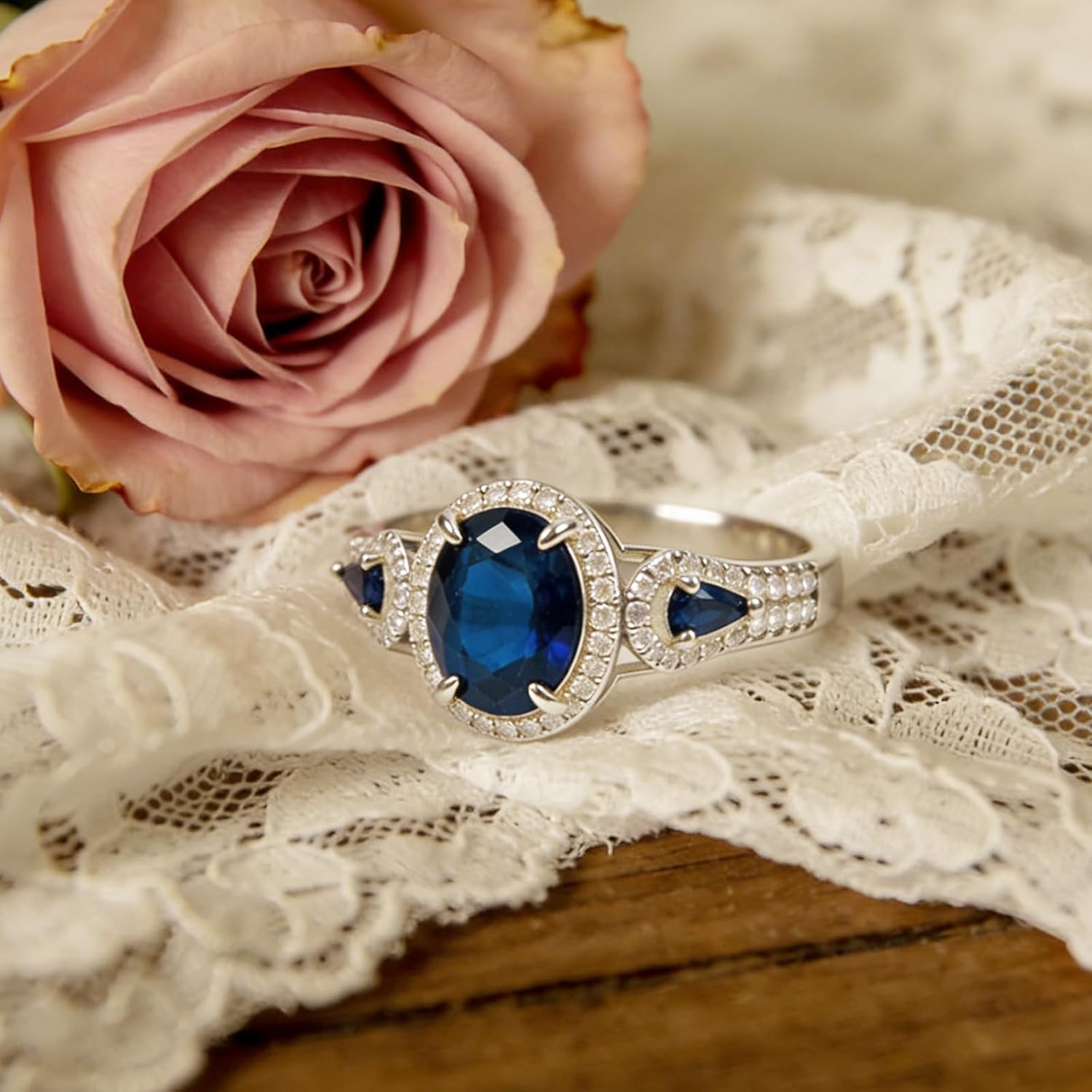 Sterling Silver 925 Fashion Ring for Women,Blue Cubic Zirconia Oval / Teardrop Cut Dainty Ring Jewelry Gifts for Her,Vintage Halo Statement Ring for Anniversary Wedding Engagement Daily Size:6-10