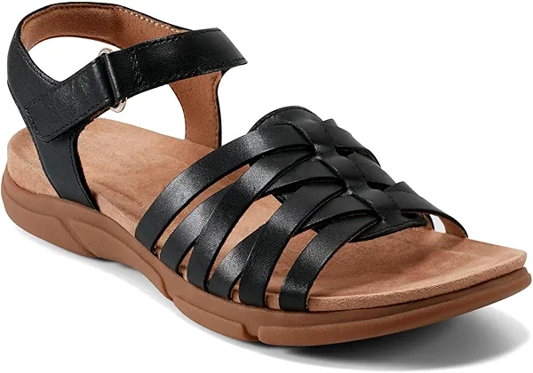 Easy Spirit Women's Marlene Flat Sandal, Black Leather, 12