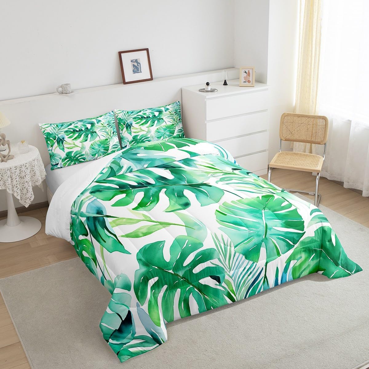 Castle Fairy Palm Leaves Tropical Comforter Set,Spring Summer Seaside Tropical Trees Green Leaves Bedding Comforter Sets Full,Rustic Style Botanical Plants Quilt Comforter with 2 Pillowcases