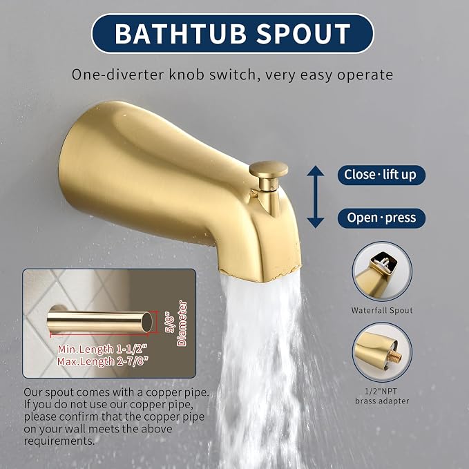 Juego de grifería para ducha de 2 mangos con salida para bañera, sistema completo para baño y ducha, kit de revestimiento para bañera y ducha, acabado dorado cepillado, montaje en pared miniatura 6