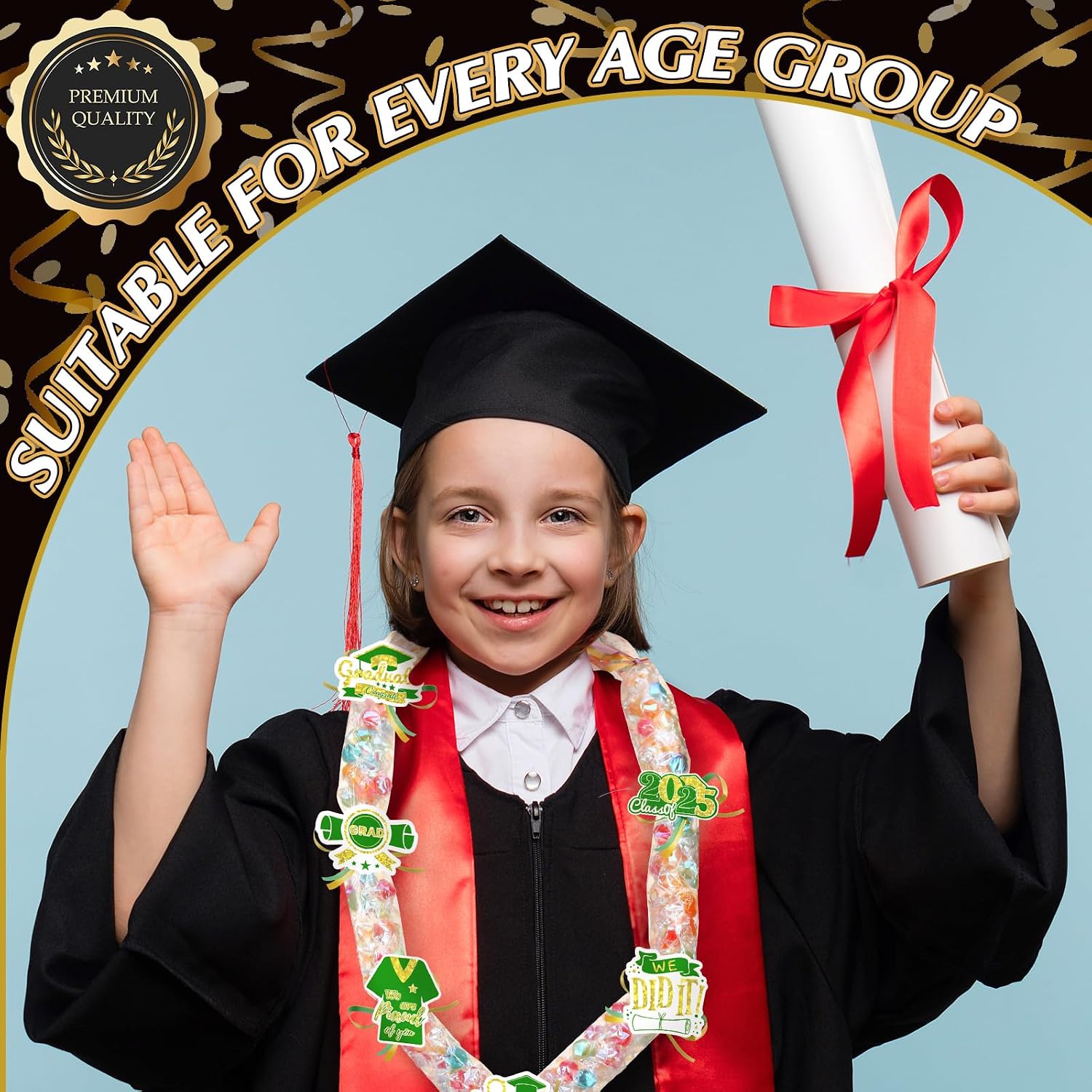 60 Sets Graduation Candy Lei Making Kit, 2 Rolls Ribbons 60 Pcs Clear Poly Tubing Bags and 60 Pcs Paper Cut, 2026 Graduation Lei Making Kit, 2026 Party Supplies (Green Gold)
