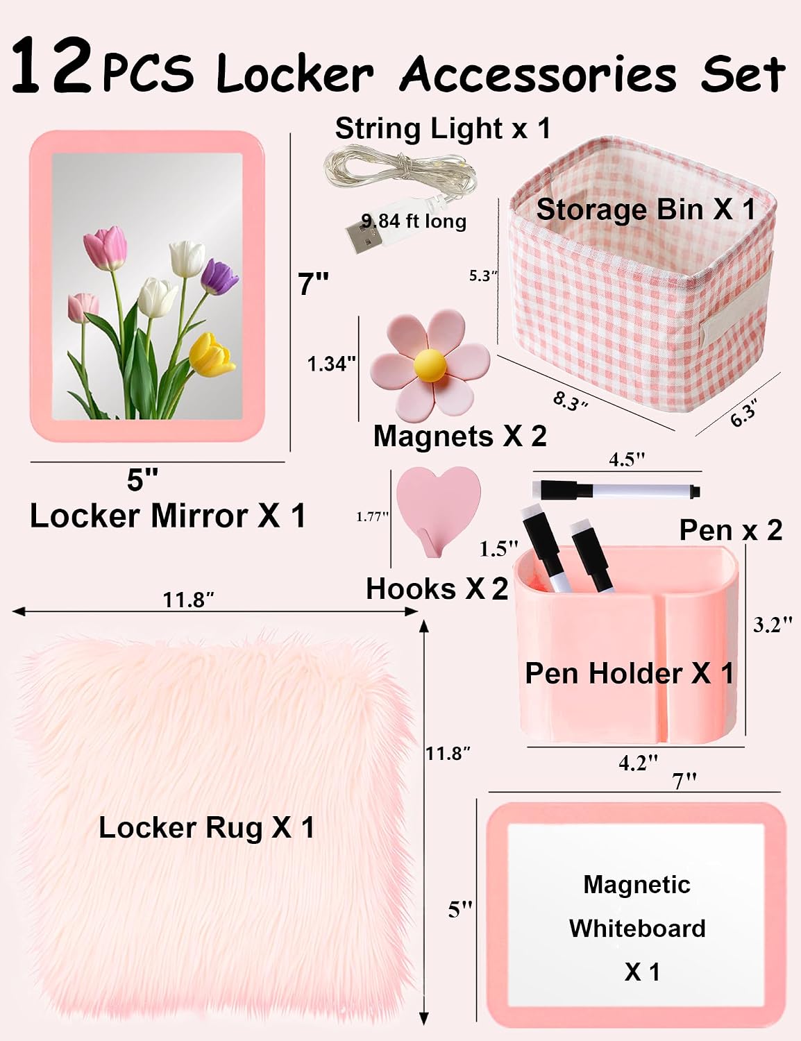12 Pcs Pink Locker Accessories Kit Locker Organizer for Girls, Magnetic Whiteboard Magnet Mirror Rug Pen Holder Basket Hook String Light, Back to School Locker Kit for School Locker Decor Office