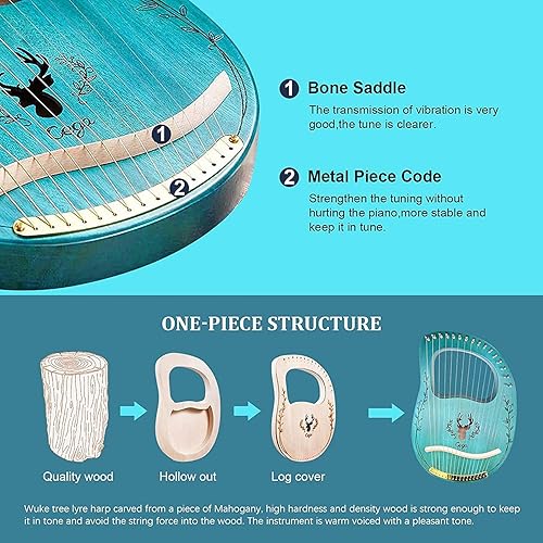 Miniatura 4 de Arpa de lira 16 cuerdas de madera maciza de caoba instrumento musical para adultos y niños con llave de afinación bolsa de concierto negra y color
