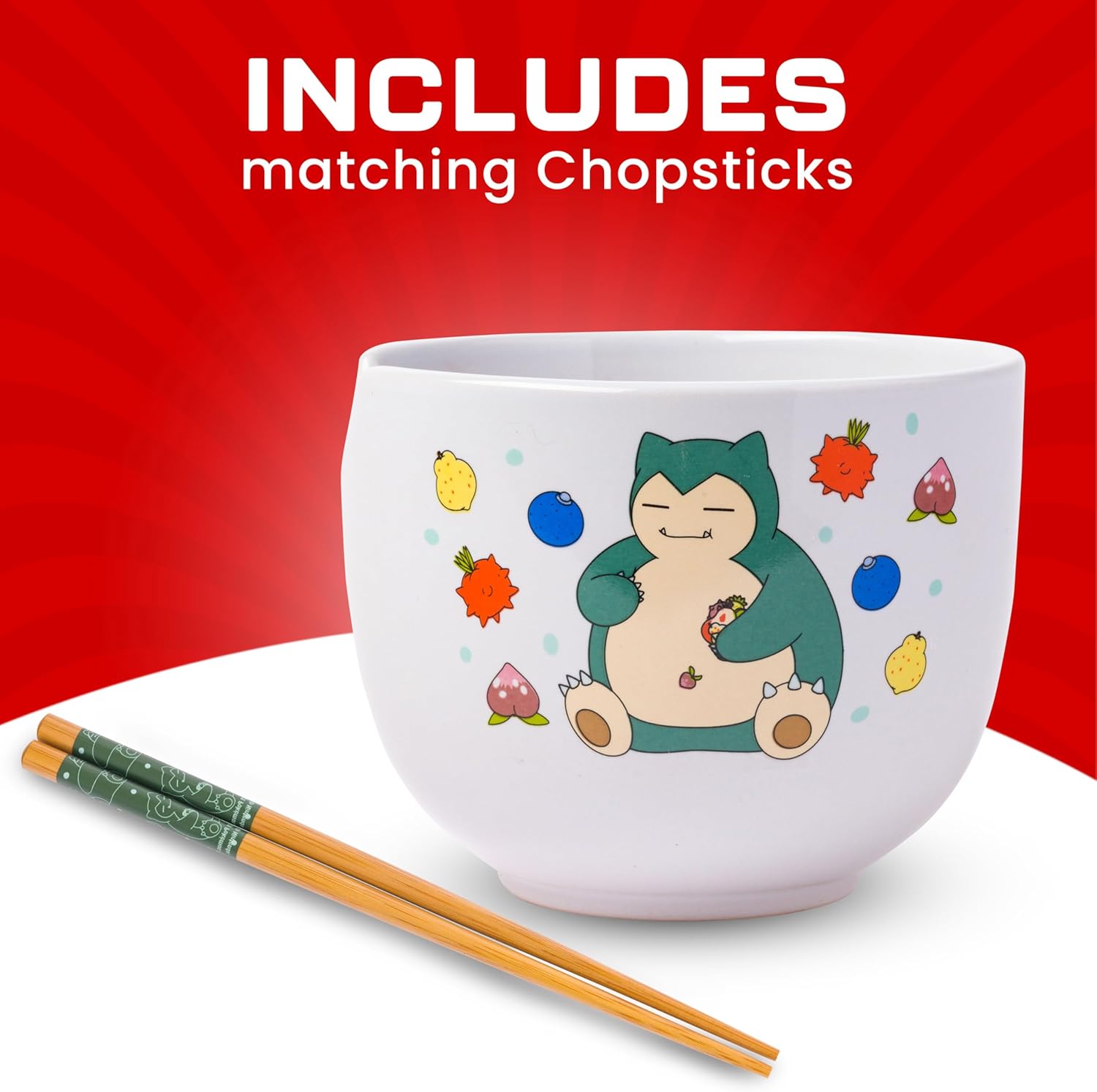 Silver Buffalo Pokemon Snorlax Relaxing and Eating Food Ceramic Ramen Noodle Rice Bowl with Chopsticks, Microwave Safe, 20 Ounces