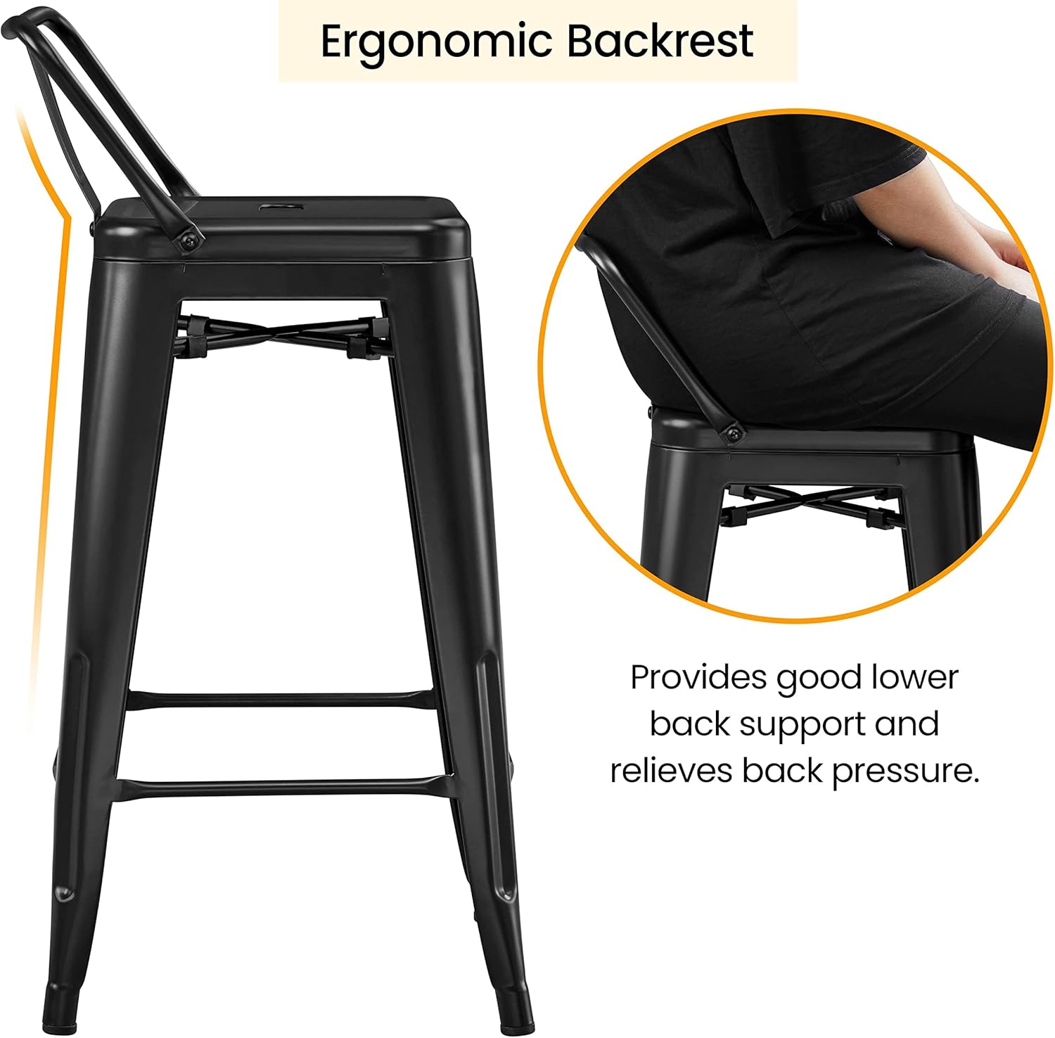 Yaheetech Bar Stools Set of 4, Metal Counter Height Chairs, 26 Inch Industrial Kitchen Stools with Backrest and Footrest for Indoor/Outdoor, Matte Black