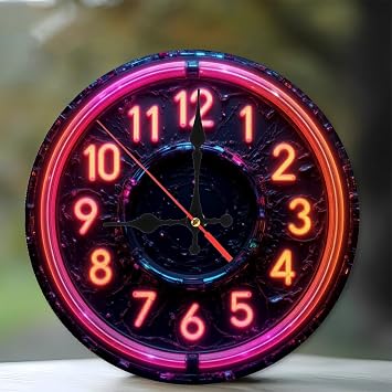 Neon Simulate LED Optical Effects Wall Clock with Modern Design and Clear Display10-Inch Wooden Wall Clock, Silent Movement, Battery Operated AA Batteries Not Included, Artistic Home Decor