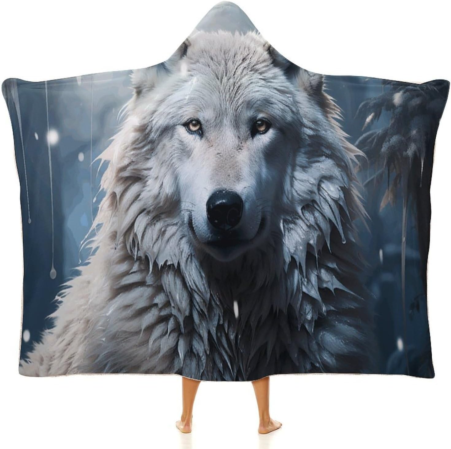 Wolf Sitting in The Snow Wearable Blanket Hoodie for Women Men Oversized Soft Fleece Blanket Sweatshirt Warm Cozy Poncho-