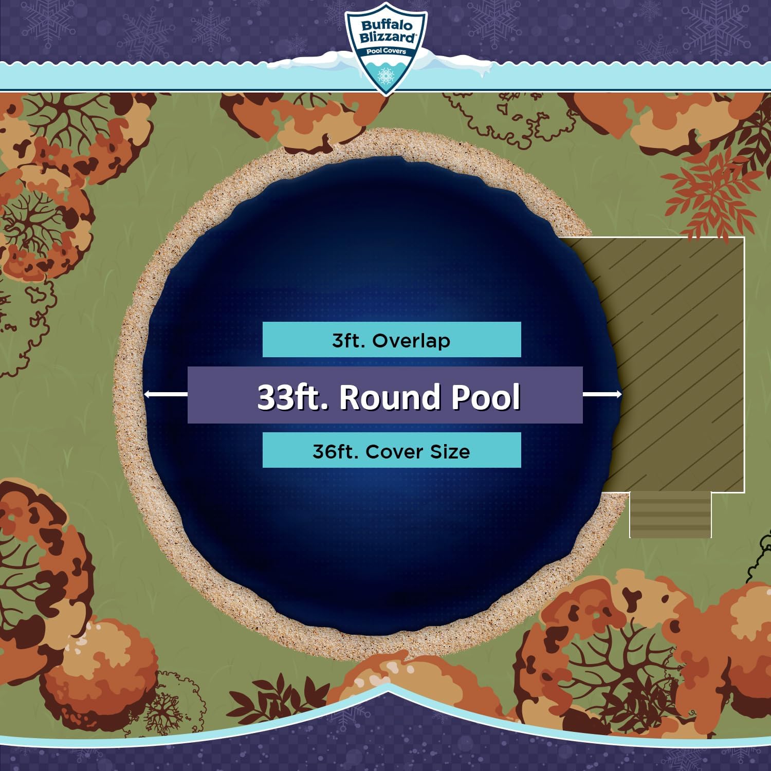 Buffalo Blizzard Bundle for 33 ft Round Above-Ground Swimming Pools | Economy Blue/Black Reversible Winter Cover with 3 ft Overlap | Mesh Leaf Net Cover Closing Kit