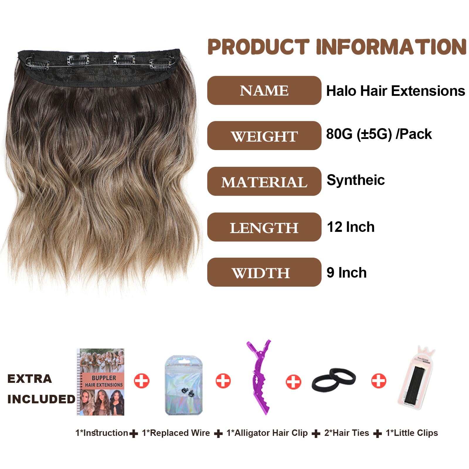 BUPPLER Halo Hair Extensions 12 Inch Invisible Wire Hair Extensions Adjustable Long Wavy Hairpiece Synthetic Upgrade 4 Secure Clips in Hairpieces 12 Inch,Ombre Dirty Blonde - Image 2