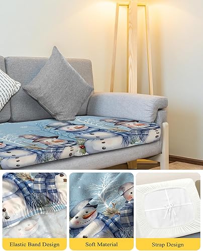 Miniatura 4 de Blue Snowman Christmas Couch Cushion Covers, Stretch Sofa Cover with Elastic Bottom, Snowflake Winter Xmas Tree Sofa Slipcovers Protector Washable