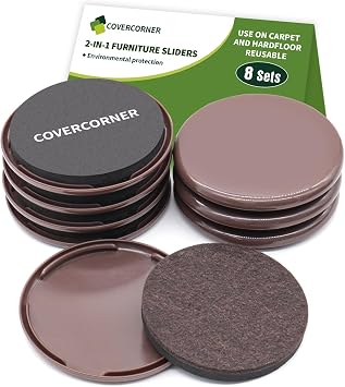 2 in 1 Furniture Sliders, 8 PCS in 3 1/2" or 4", Brown