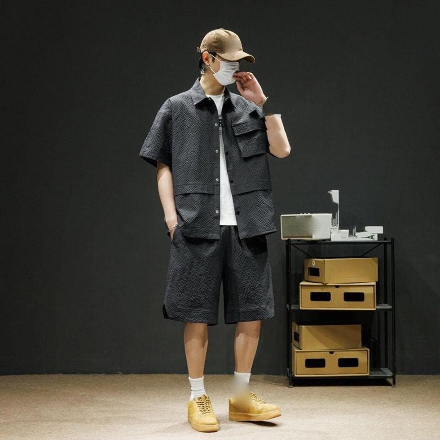 Men's Casual Linen Suits 2 Piece Sets Summer Long Sleeve Button Down Shirt and Cargo Shorts