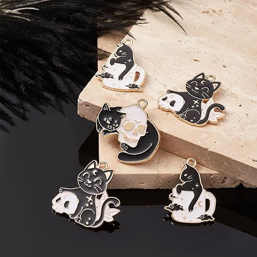 Miniatura 3 de LiQunSweet 20 dijes de animales esmaltados con temática de Halloween, diseño de gato mágico negro con taza de café, calavera para manualidades,