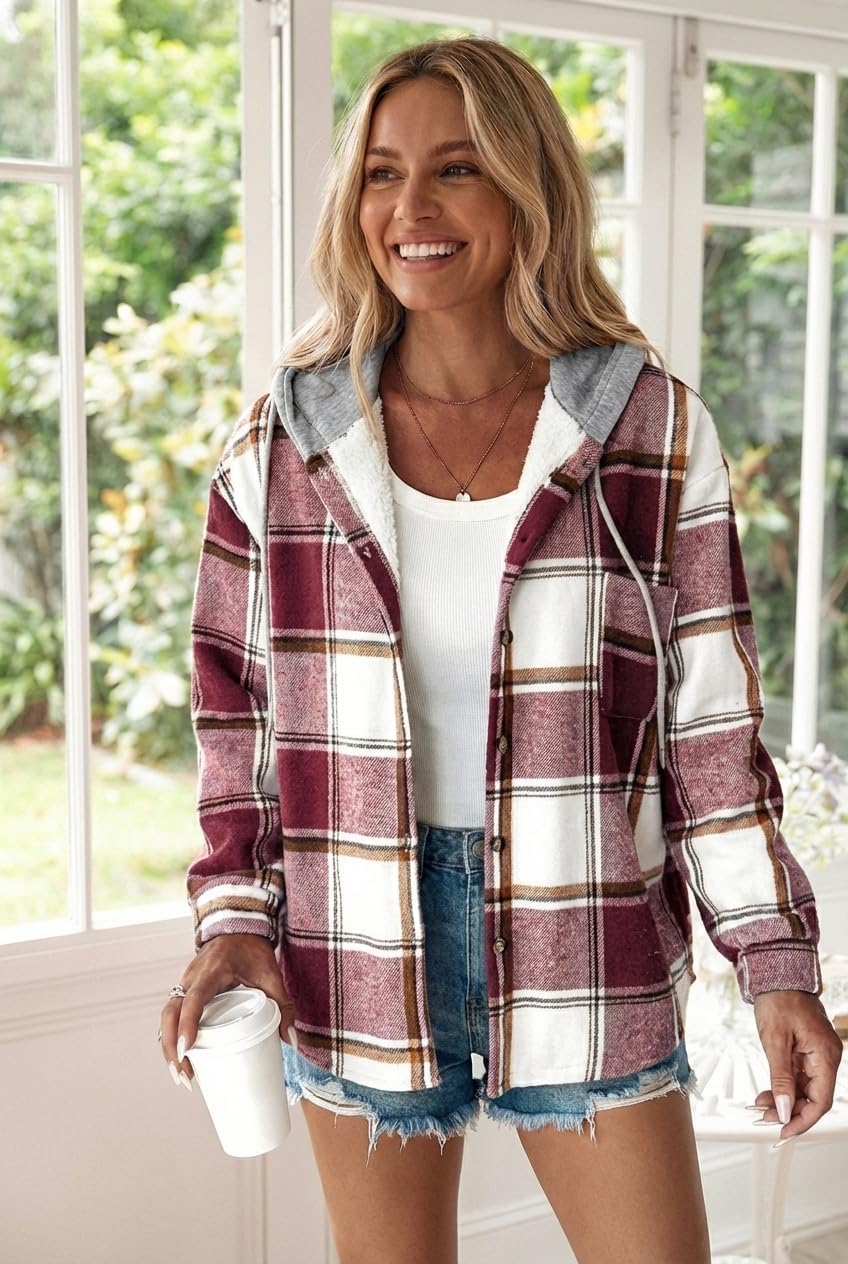 CHICME Womens Lightweight Casual Jacket Plaid Long Sleeve Shacket Fleece Lined Hooded Jackets Warm Coat - Image 5