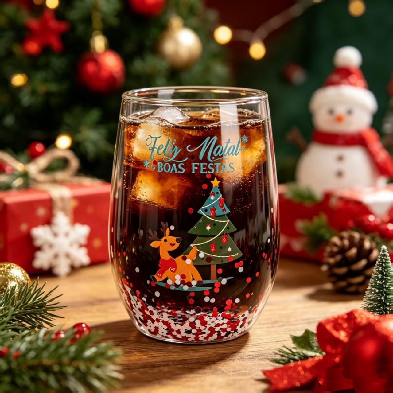 Christmas Icon Juice Glasses Stemless Double Old Fashioned Drinking Glasses, Xmas Tree Icon Glass Cups for Christmas Party Supplies, Holiday Gifts & Home Decor
